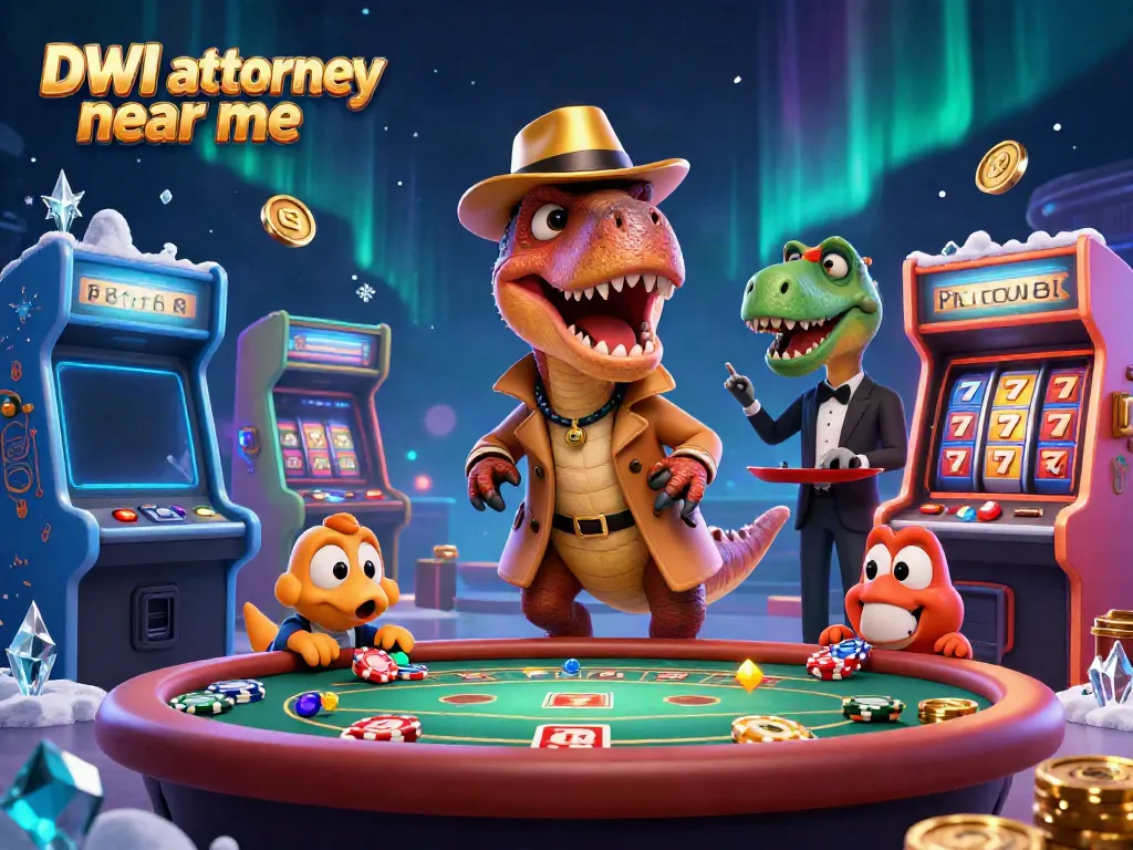 A dynamic casino scene showcasing a DWI attorney near me with a velociraptor card counter, stegosaurus pit boss, and playful pickpocket at a lively blackjack table.