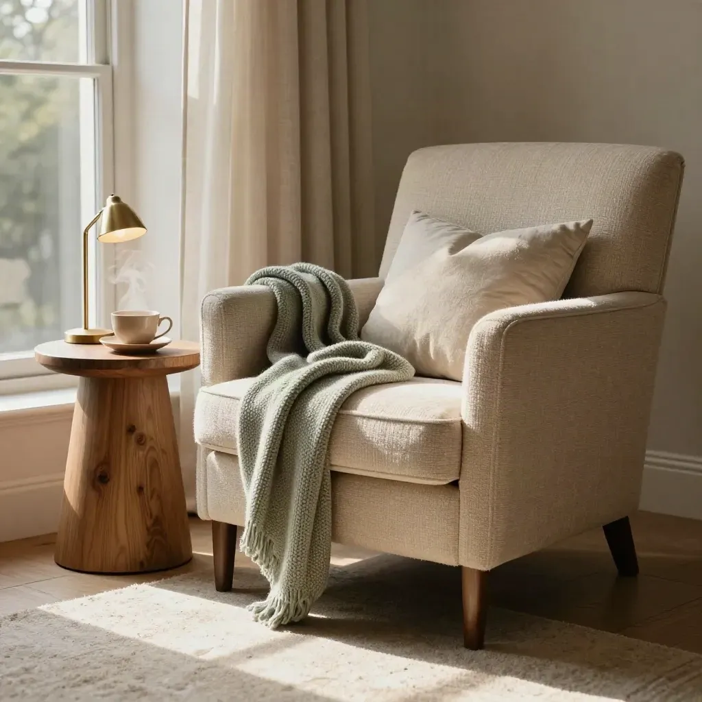 Tea-steamed armchair by a window with sage throw, lamp, and neat companion corner.