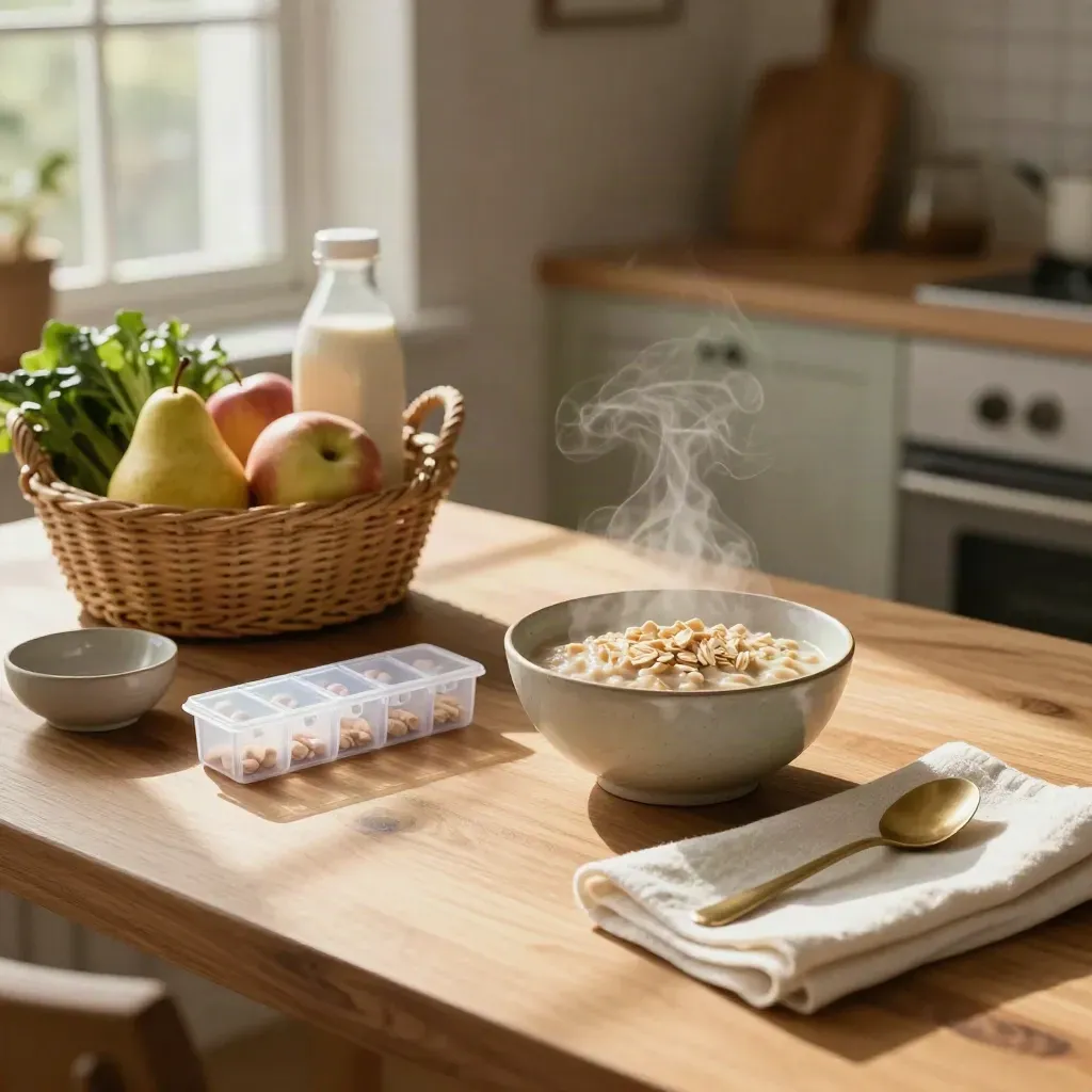 Sunny breakfast nook with oatmeal, fruit, pill organizer, and weekly groceries on an oak table.