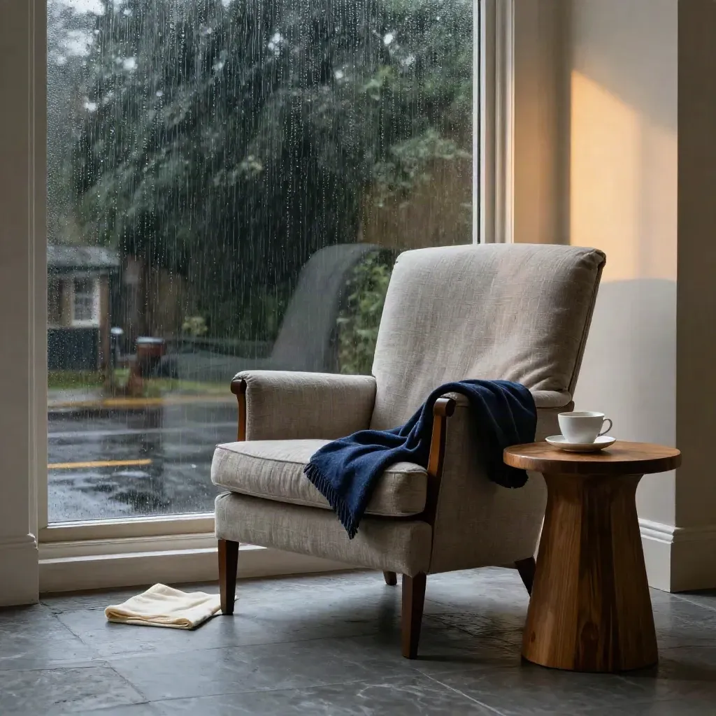 Empty armchair by rain-streaked window, tea, folded blanket, softly lit hall