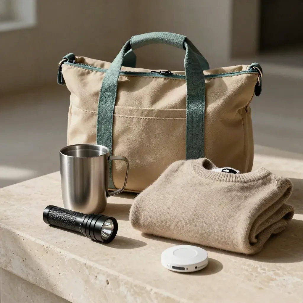 Companion care kit with tote, sweater, mug, flashlight, and door chime on pale stone.
