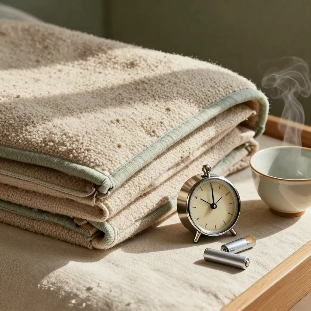 Folded blanket, timer, teacup and spare batteries on linen, lit with warm soft daylight