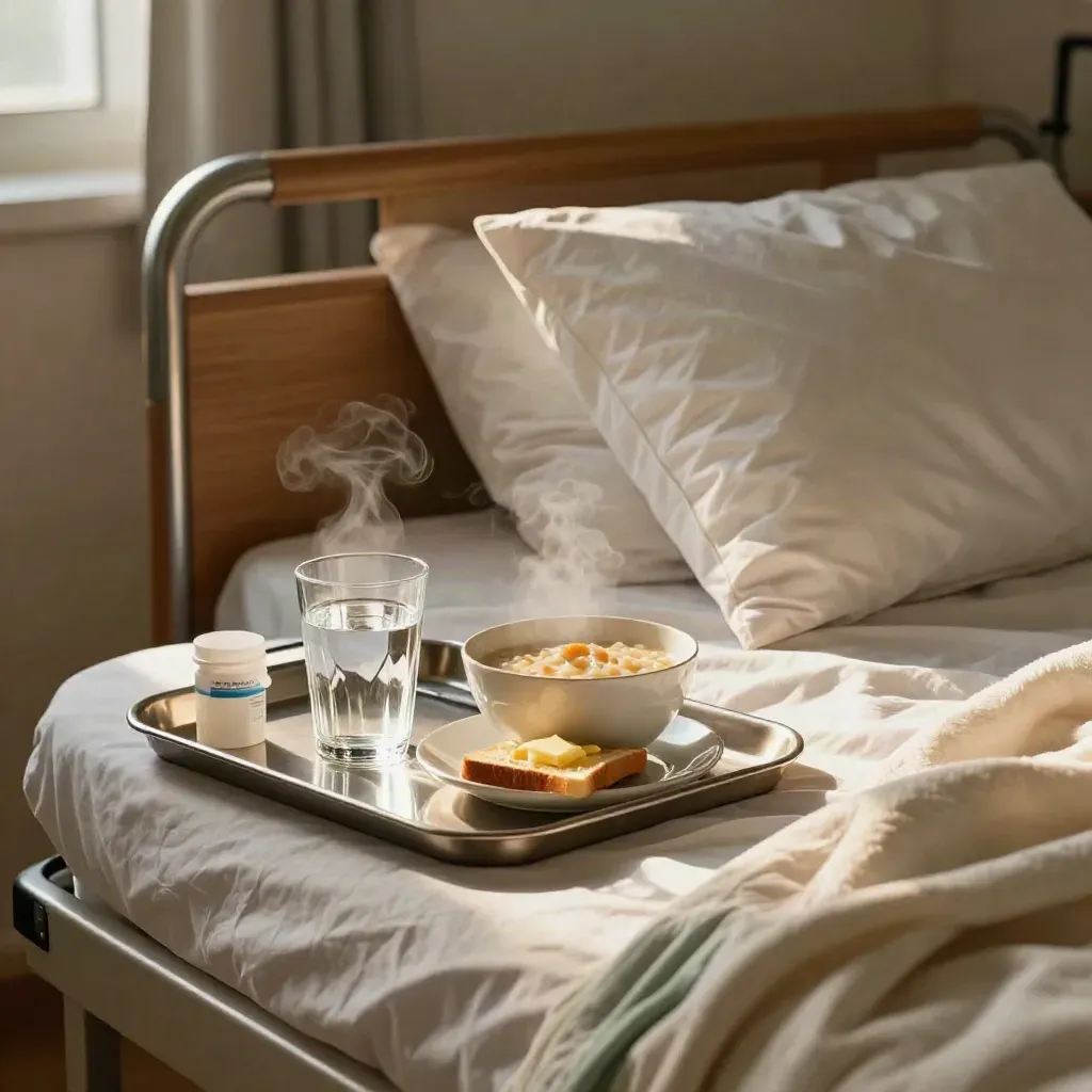 Bedside recovery tray with water, breakfast, medication cup, pillows, and blanket in a quiet morning bedroom.