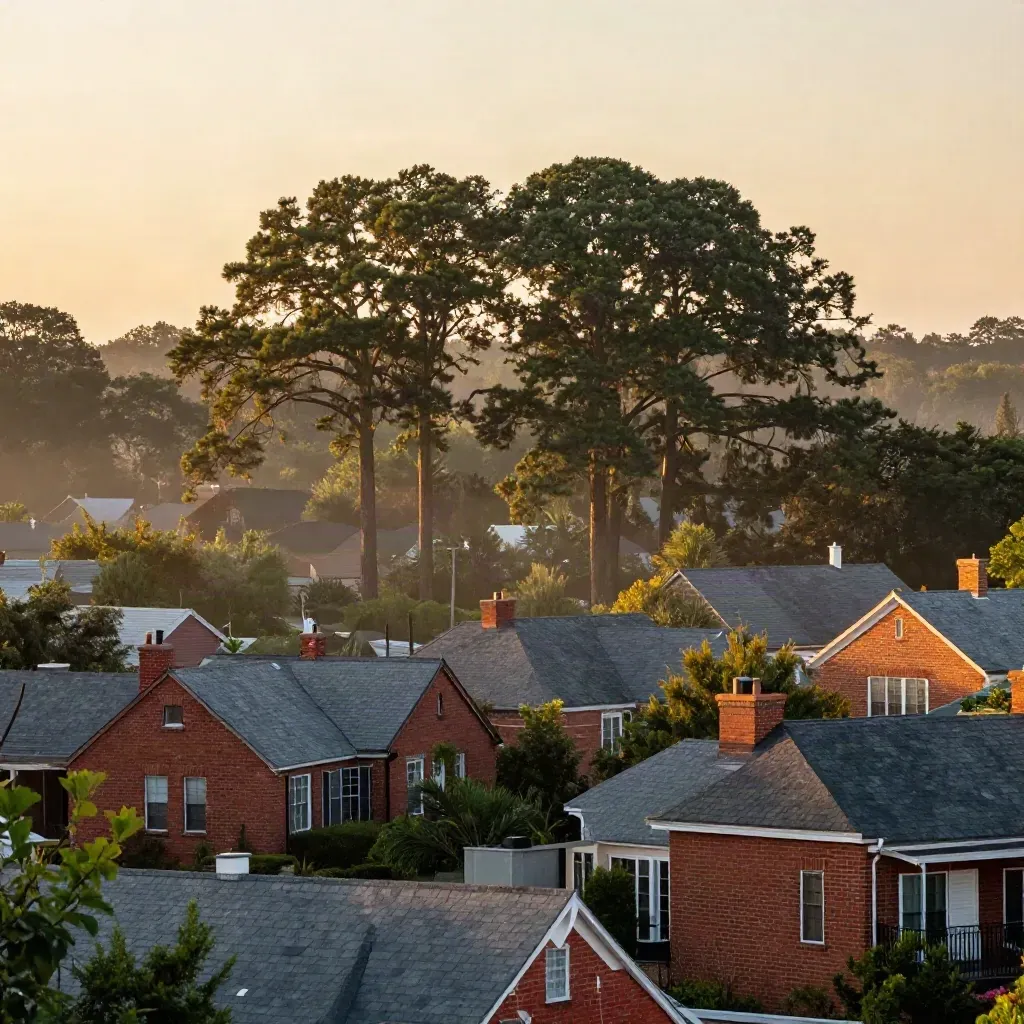 North Raleigh pine ridge at golden dusk above low brick rooftops and hazy suburbs