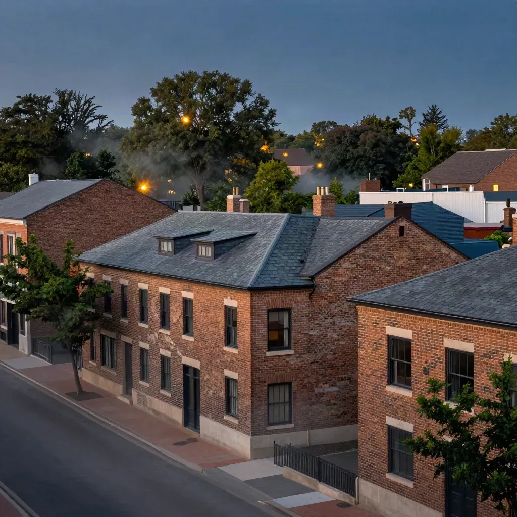 Blue-hour Cary and Apex rooftops glow through trees above a calm quiet street