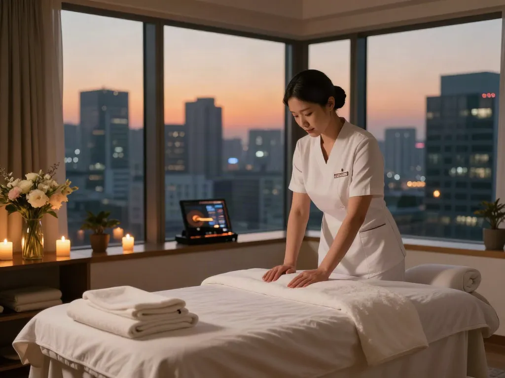 A professional preparing for 서울출장안마 in a luxurious hotel room, creating a serene atmosphere for relaxation.